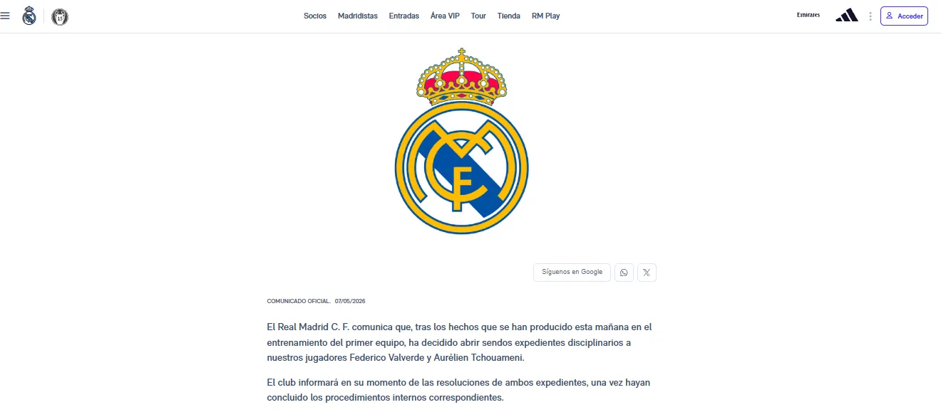 El comunicado oficial del Real Madrid sobre el caso Valverde-Tchouaméni (oficial).