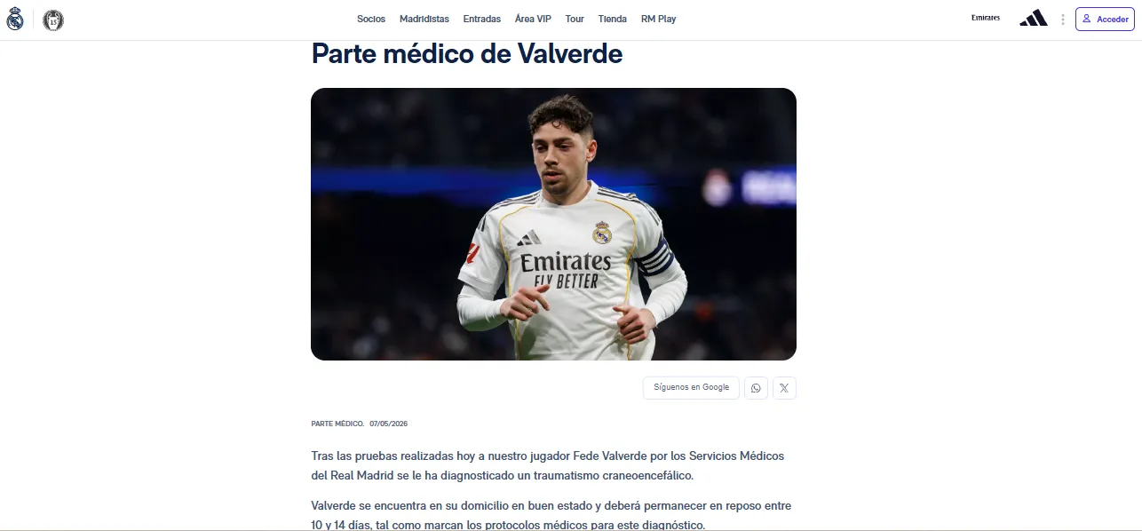 El parte médico de Fede Valverde (Real Madrid oficial).
