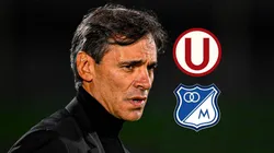 El técnico Fabián Bustos con los escudos de Universitario y Millonarios.