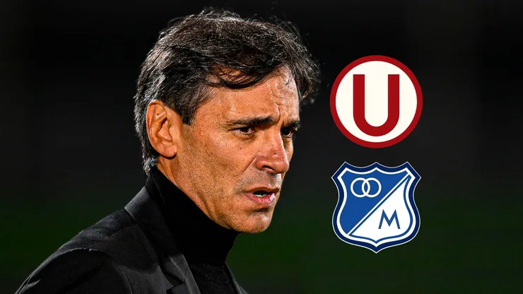 El técnico Fabián Bustos con los escudos de Universitario y Millonarios.