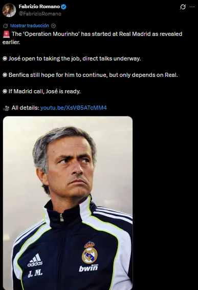 Los detalles de Fabrizio Romano sobre la negociación entre Real Madrid y Mourinho (X @FabrizioRomano).