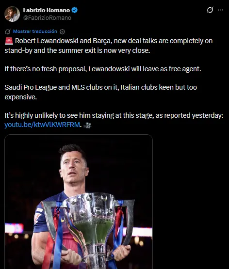 Robert Lewandowski dejaría al Barça a final de temporada (X @FabrizioRomano).