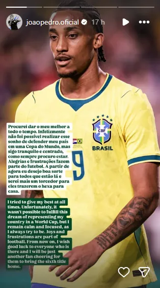 El mensaje de João Pedro tras quedar afuera de la lista para el Mundial 2026 (Instagram @joaopedro.oficial).