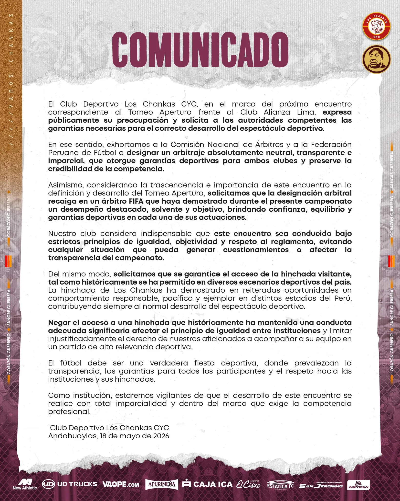 Los Chankas enviaron comunicado antes de jugar con Alianza Lima. (Foto: X).