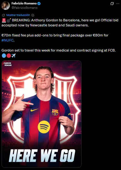 Los detalles del fichaje de Gordon por el Barça (Fabrizio Romano).