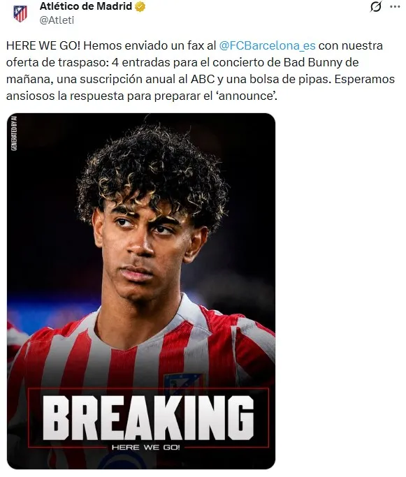 La primera publicación de burla del Atlético de Madrid al Barcelona (X @Atleti).