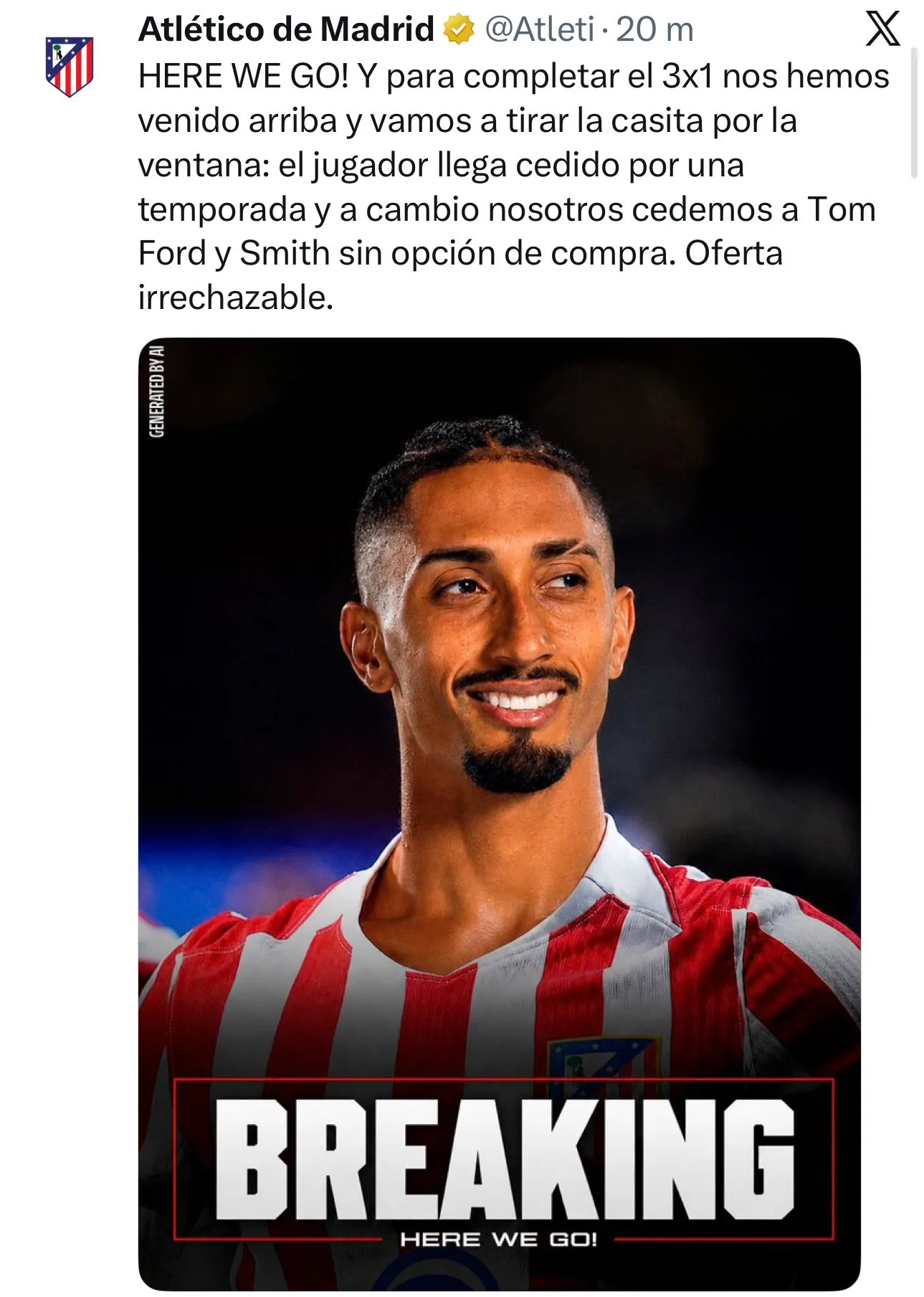 En esta publicación involucraron a Raphinha (X @Atleti).