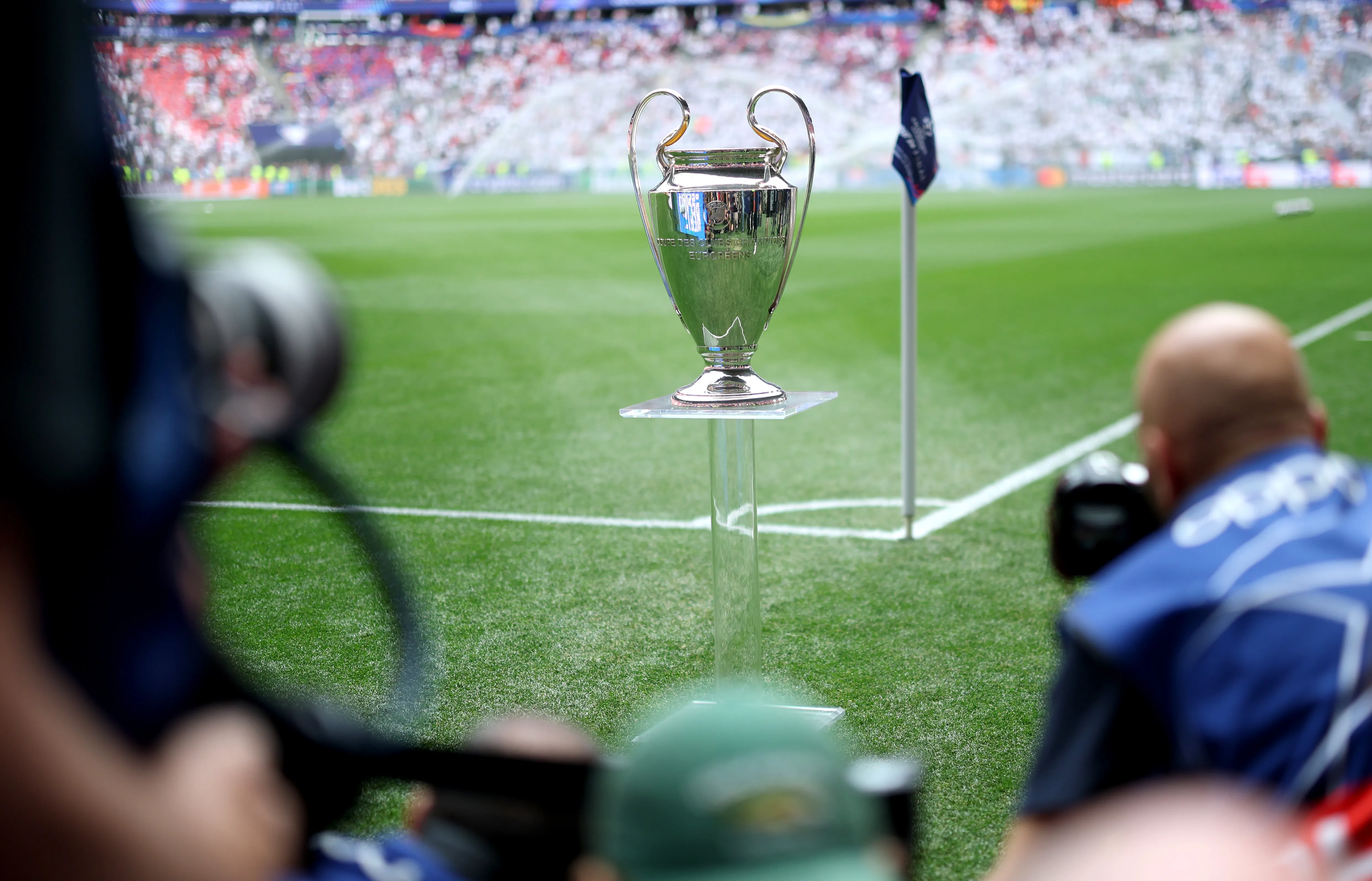 BUDAPEST, HUNGARY - MAY 30: The UEFA Champions League trophy is displayed inside the stadium prior to the UEFA Champions League Final 2026 match between Paris Saint-Germain and Arsenal FC at Puskas Arena on May 30, 2026 in Budapest, Hungary. (Photo by Carl Recine/Getty Images)