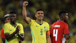 Casemiro, brazo en alto tras su gol con Brasil ante Panamá.