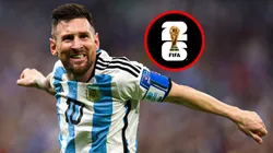 Lionel Messi festejando con la camiseta de Argentina junto al logo oficial del Mundial 2026.