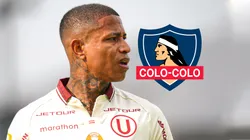 Andy Polo de Universitario y el escudo de Colo Colo de Chile.