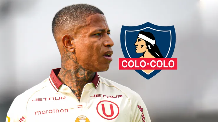 Andy Polo de Universitario y el escudo de Colo Colo de Chile.