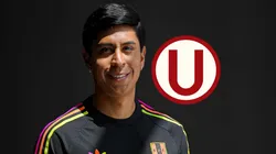 Adrián Quiroz con la camiseta de Perú y el escudo de Universitario al lado.
