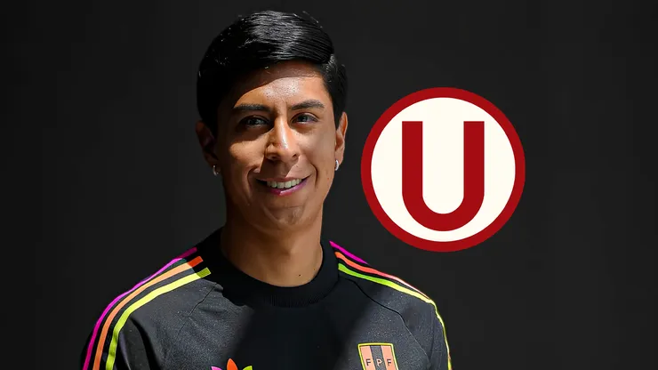 Adrián Quiroz con la camiseta de Perú y el escudo de Universitario al lado.