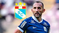 Hernán Barcos con la camiseta de Alianza Lima y el escudo de Sporting Cristal.