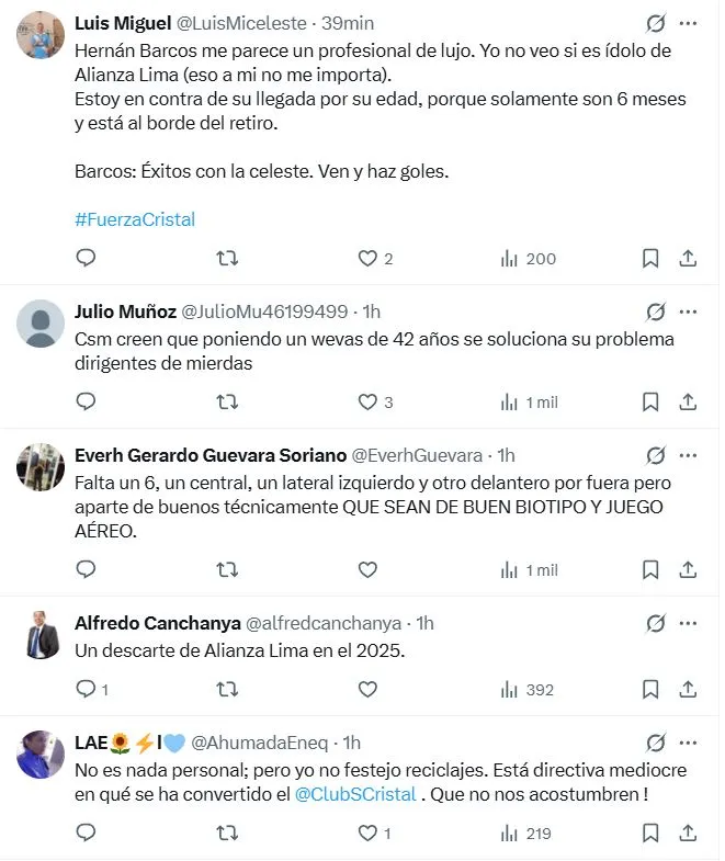 La reacción de los hinchas de Cristal al fichaje de Barcos. (Foto: X)