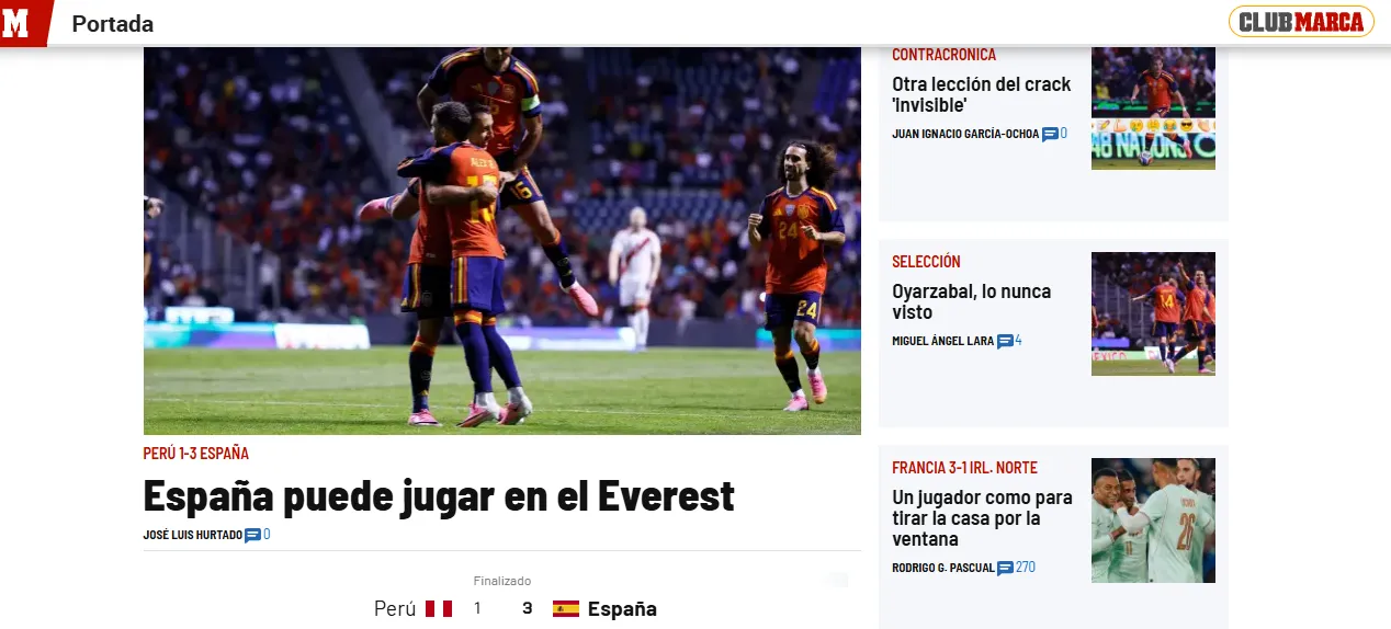 Portada del Diario Marca tras la victoria de España ante Perú (Marca).