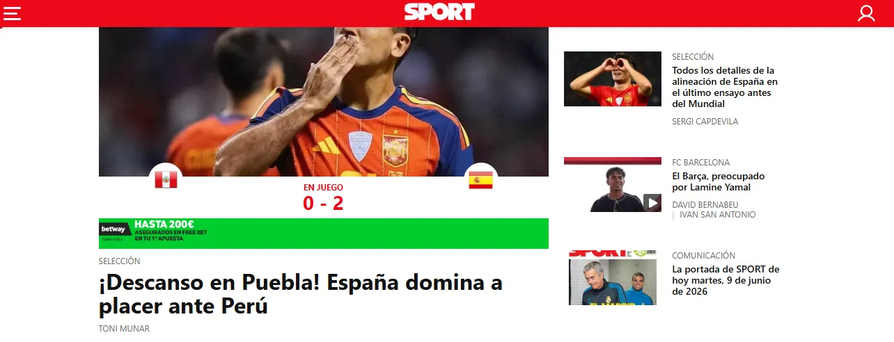 Así tenía su portada el Diario Sport en el entretiempo de Perú-España (Sport).