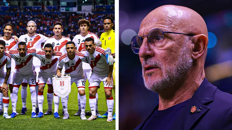 Selección Peruana y el técnico Luis de la Fuente durante el amistoso de Perú vs. España.