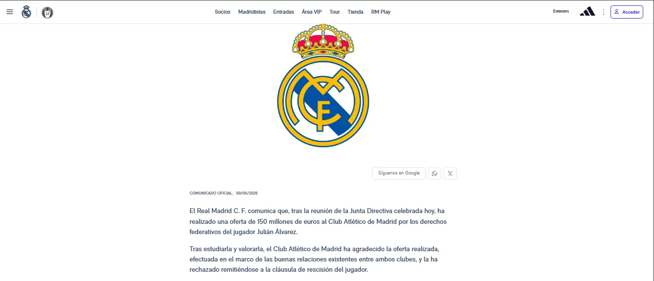 Comunicado oficial del Real Madrid con la oferta de 150 millones de euros por Julián Álvarez (Oficial).