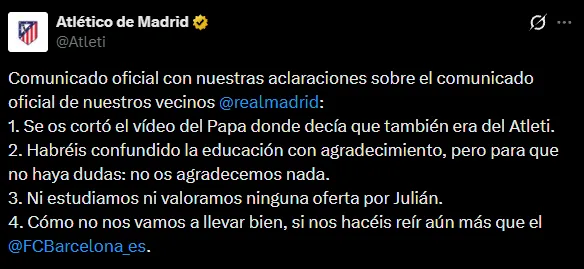 El comunicado del Atlético de Madrid con reacción a la oferta del Real por 150 millones de euros (X @Atleti).