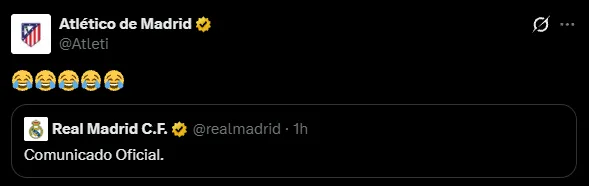 El Atlético de Madrid reaccionó de esta manera al comunicado del Real Madrid (X @Atleti).