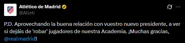 El último mensaje del Atlético de Madrid sobre la oferta del Real por Julián Álvarez (X @Atleti).