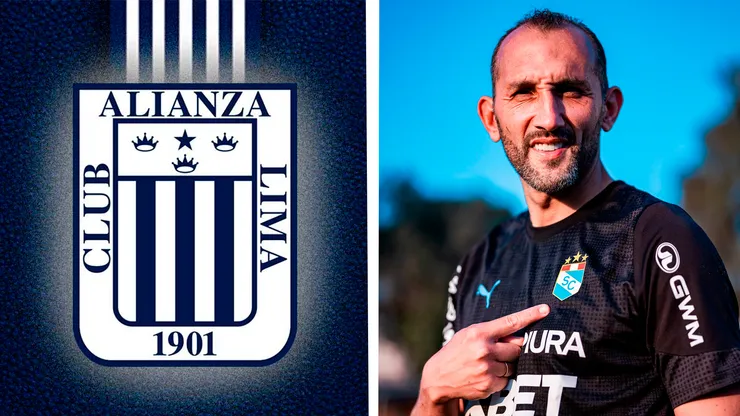 Hernán Barcos como nuevo jugador de Sporting Cristal y el escudo de Alianza Lima.