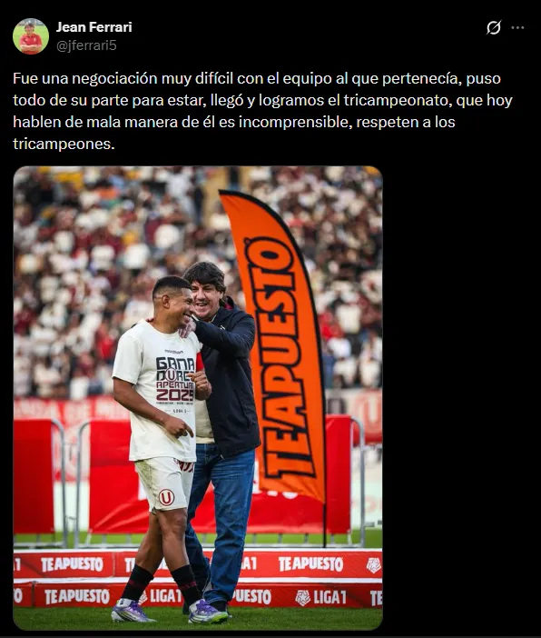Jean Ferrari recordó su paso por Universitario con Edison Flores. (Foto: X).