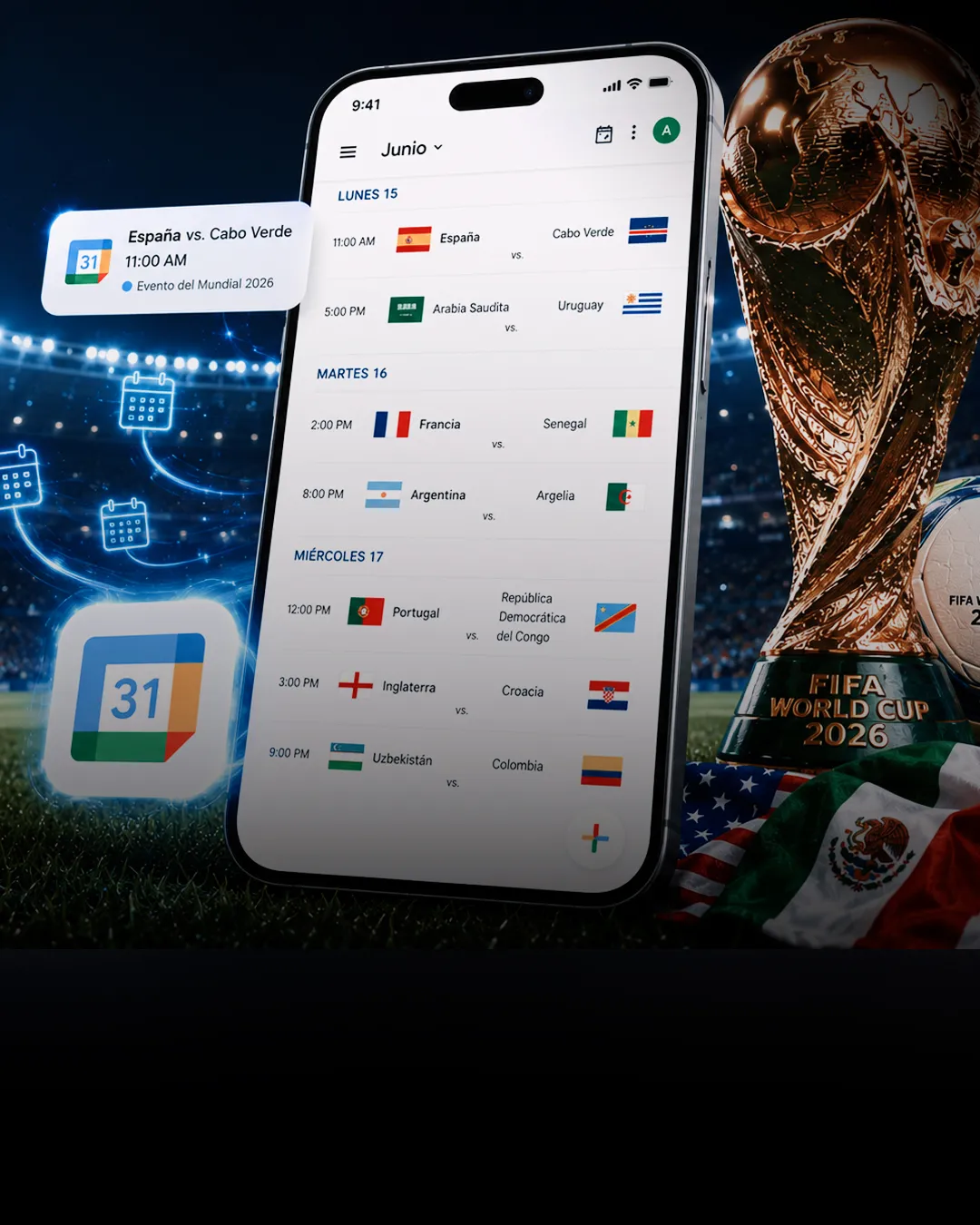 Así se debe ver tu Google Calendar si descargas e instalas correctamente el fixture del Mundial 2026. (Foto: Gemini IA)