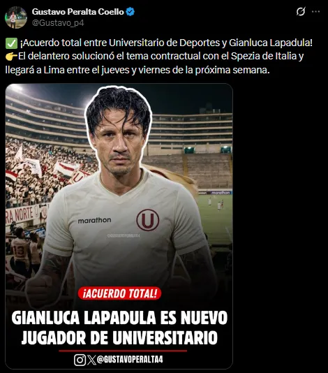 Gustavo Peralta confirmó el acuerdo entre Lapadula y Universitario (X @Gustavo_p4).
