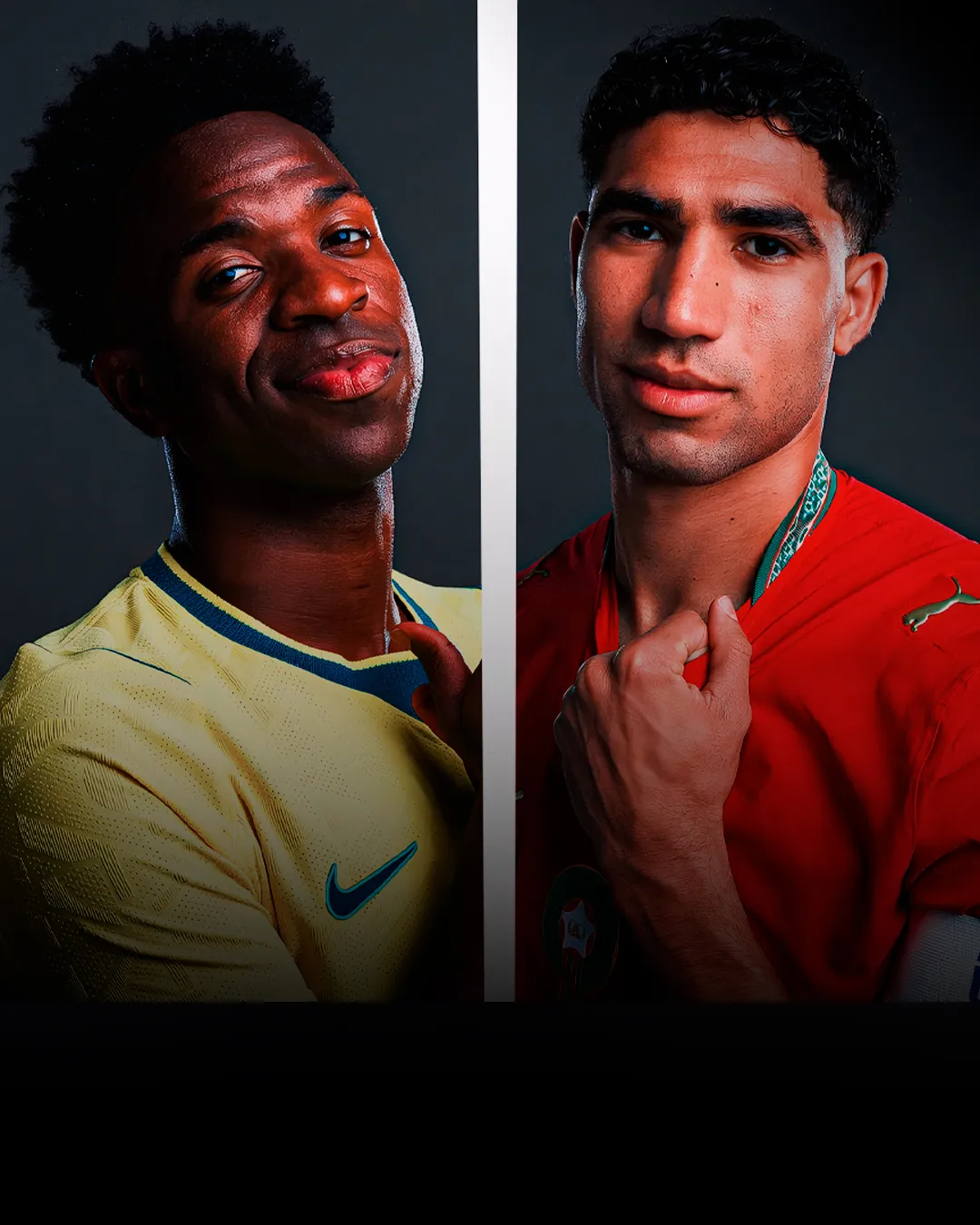 Vinícius Junior y Achraf Hakimi serán titulares en el Brasil vs. Marruecos por el Mundial 2026. (Foto: Producción Bolavip)