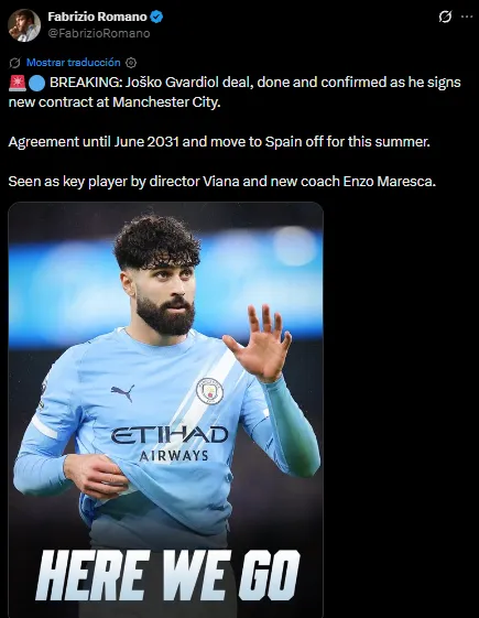 Josko Gvardiol extendió su contrato con Manchester City (X @FabrizioRomano).