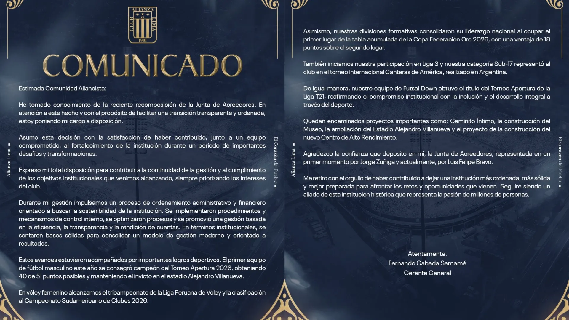 El comunicado completo de Fernando Cabada poniendo su renuncia a disposición (Alianza Lima).