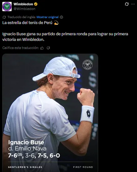 Wimbledon destacó el triunfo de Ignacio Buse ante Nava (X @Wimbledon).