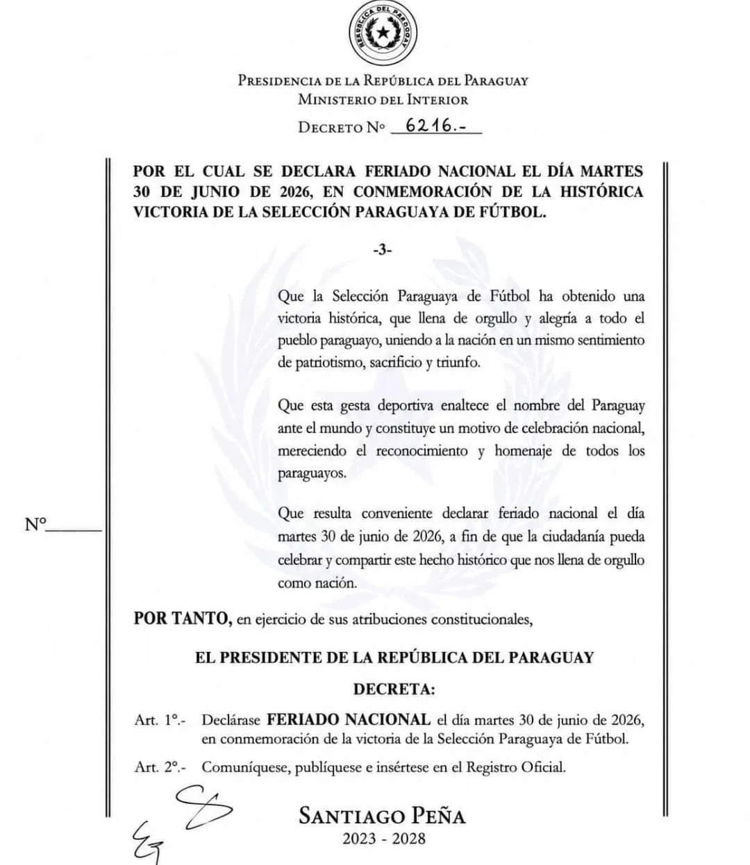 El decreto oficial con el feriado confirmado en Paraguay (X @friquelme9).