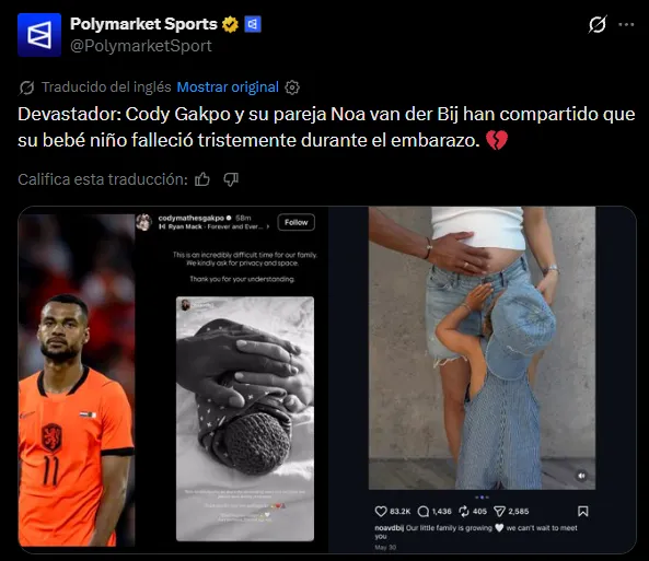 La dura historia de Cody Gakpo al contar la muerte del hijo que esperaba con su esposa (X @PolymarketSport).