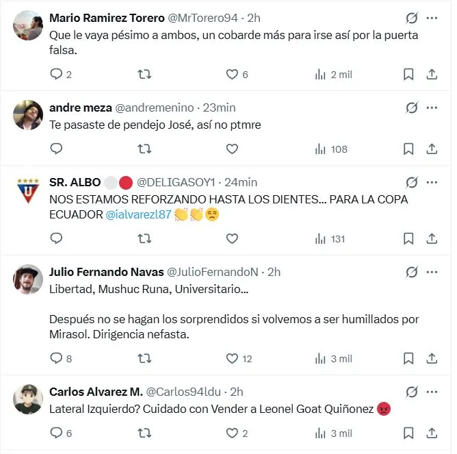 Hinchas de Universitario criticaron a José Carabalí por irse a LDU. (Foto: X)