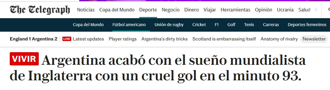 Así informan de la derrota en Inglaterra (Foto: The Telegraph).