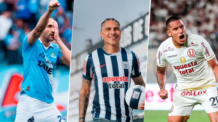Hernán Barcos, Paolo Guerrero y Álex Valera, goleadores de Sporting Cristal, Alianza Lima y Universitario, respectivamente.