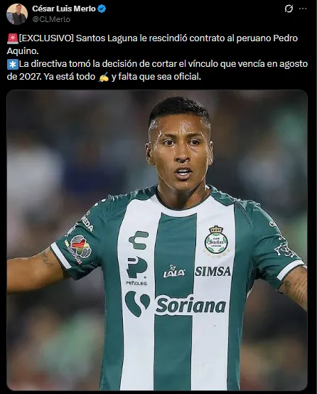 Pedro Aquino rescindió con Santos Laguna (X @CLMerlo).