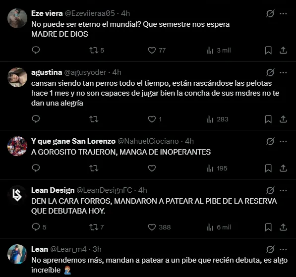 Los comentarios en la cuenta oficial de San Lorenzo tras la derrota ante Riestra (X @SanLorenzo).