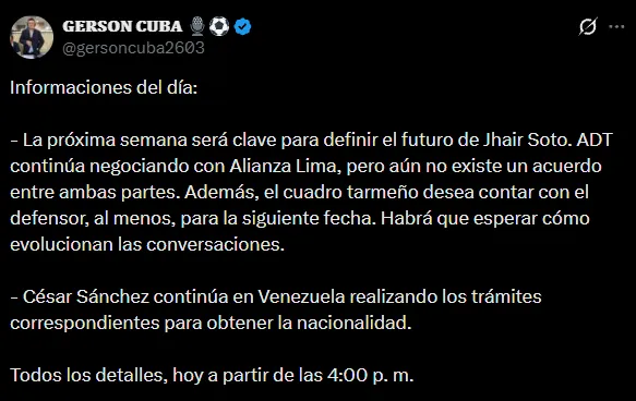 Alianza Lima sigue negociando por Jhair Soto (X @gersoncuba2603).