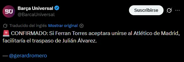 Ferran Torres, la opción para que Julián Álvarez llegue al Barça (X @BarcaUniversal).
