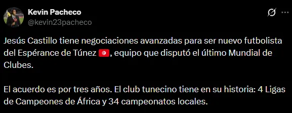 Los detalles sobre la inminente salida de Jesús Castillo de Universitario (X @kevin23pacheco).