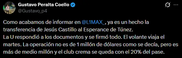 Se confirma la venta de Jesús Castillo al Esperánce (X @Gustavo_p4).