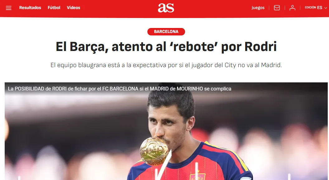 Barcelona, atento a Rodri (Diario AS).