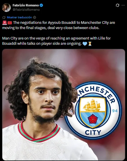 Ayyoub Bouaddi, cerca de Manchester City (X @FabrizioRomano).
