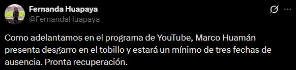 Fernanda Huapaya informó que Huamán estará tres semanas fuera (X @FernandaHuapaya).