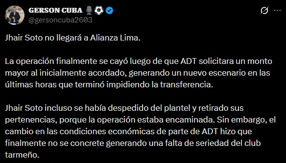 Los detalles del pase frustrado de Jhair Soto a Alianza Lima (X @gersoncuba2603).
